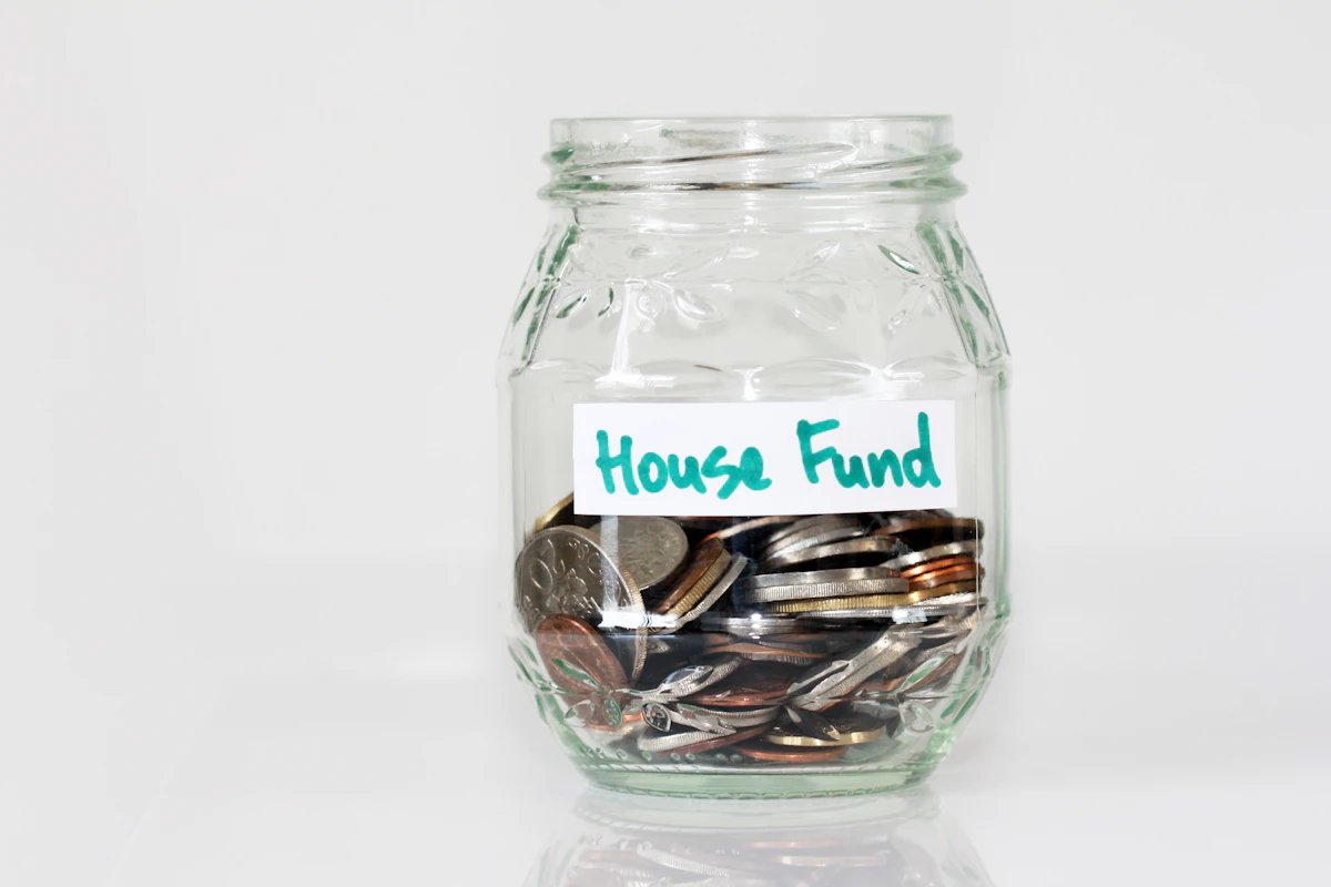 Glass jar labeled House Fund filled with coins