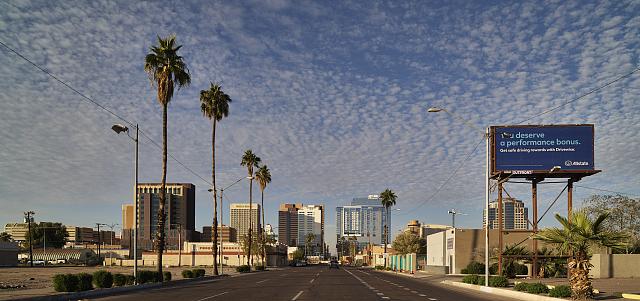 View of Phoenix, Arizona, from south Central Avenue. Although Phoenix is a large city in the American southwest, it does not have a unified central core on the order of a Dallas or Houston. Rather, nodes of skyscrapers appear in various parts of the city