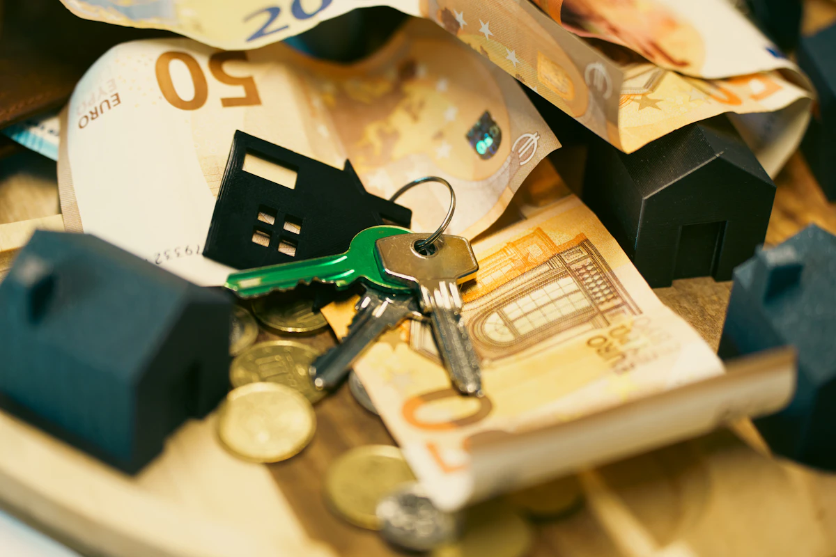 Miniature house model with keys and money representing mortgage tracking