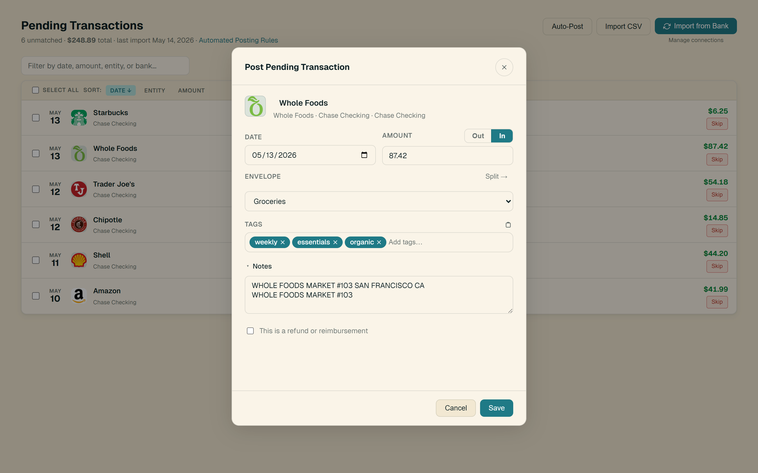 Review feed with Post Transaction modal open for Whole Foods, Groceries envelope pre-selected